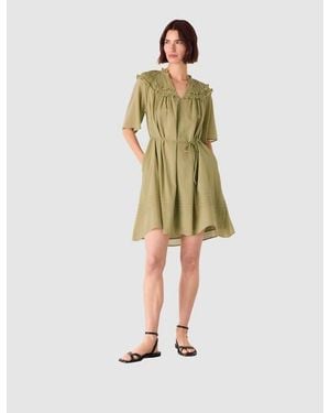 Whistles Short Sleeve Cotton Frill Mini Dress - Green