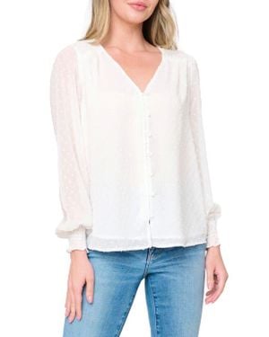 Gibsonlook Pin Dot Smocked Detail V-Neck Blouse - White