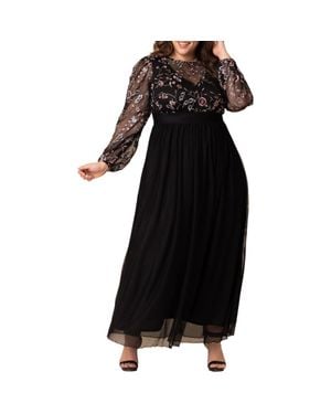 Kiyonna Floral Embroidered Long Sleeve Empire Waist Mesh Gown - Black