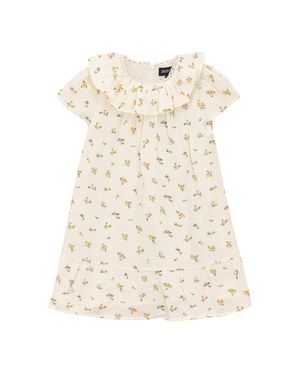 Space Grey Cotton Lace Neckline Floral Printed Dress - Natural