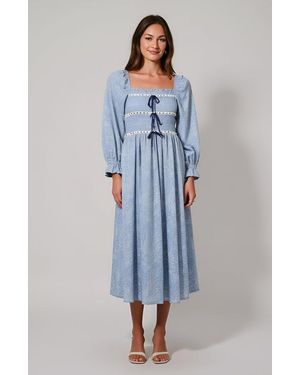 Modenaire Smocked Bodice Midi Dress With Bow Accents - Blue