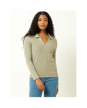Single Stitch Classic Ribbed V-Neck Sweater With Collar - Green