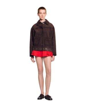 Sandro Studded Suede Leather Jacket - Red