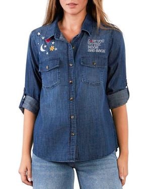 Billy T To The Moon & Back Embroidered Denim Graphic Button-Up Shirt - Blue