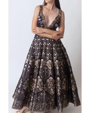Ras Alisha Brocade Plunge Neck Gown - Gray