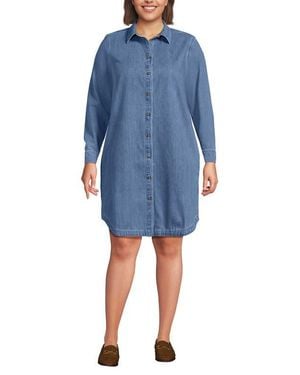 Lands' End Plus Size Light Weight Denim Long Sleeve Button Front Shirt Dress - Blue