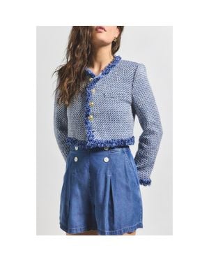 10 Crosby Derek Lam Asuka Fringe Detail Cotton Blend Tweed Crop Jacket - Blue