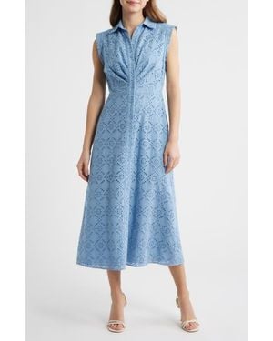 Anne Klein Eyelet Embroidery Sleeveless Shirtdress - Blue