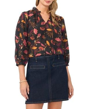 Vince Camuto Floral Tie Neck Cotton Top - Black