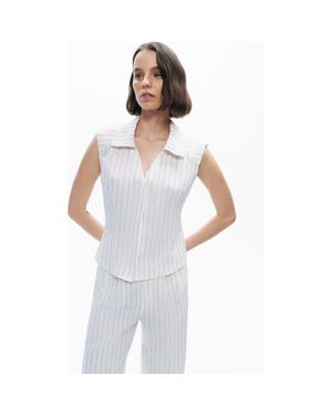 Nocturne Sleeveless Linen Blend Shirt With Shoulder Pads - White
