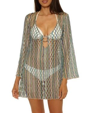 Becca Desert Dancer Metallic Long Sleeve Sheer Cover-Up Dress - Multicolor