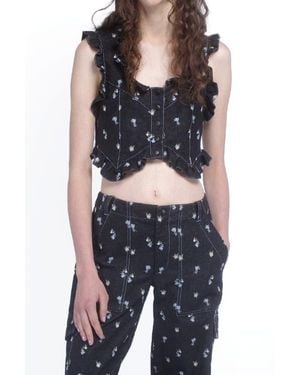 Anna Sui Denim Embroidered Roses Cropped Vest - Black