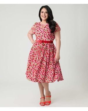 Unique Vintage Plus Size Short Petal Sleeve Tie Neck Dahlia Swing Dress - Red