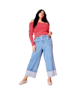 June + Vie Wide Leg Cropped Cuffed Jeans - Blue