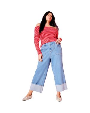 June + Vie Wide-Leg Cropped Cuffed Jeans - Blue