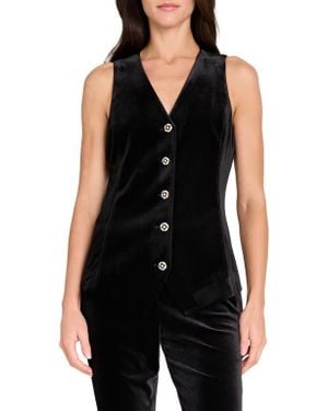 Tahari Velvet Embellished Button Vest - Black