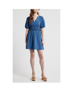 Treasure & Bond Puff Sleeve Cotton Chambray Minidress - Blue