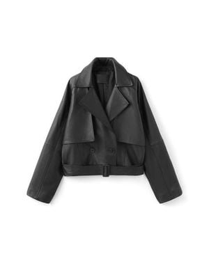 Mango Lapels Leather Jacket - Black