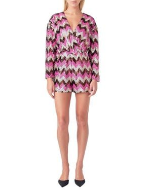 Endless Rose Chevron Sequin Long Sleeve Romper - Red