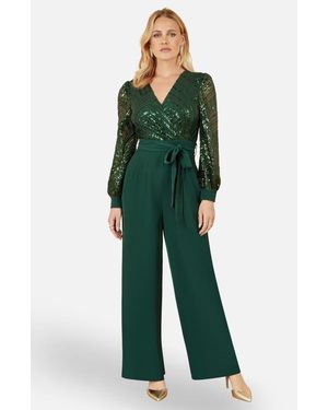 Yumi' Sequin Wrap Over Jumpsuit - Green