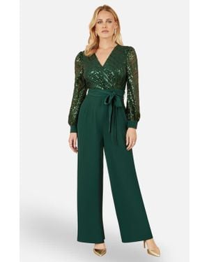 Yumi' Sequin Wrap Over Jumpsuit - Green