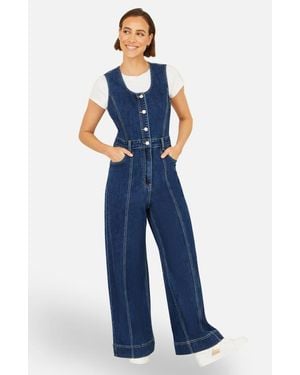 Yumi' Denim Stretch Fitted Jumpsuit - Blue