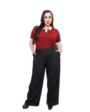 Unique Vintage Plus Size Double Belt Woven Pants - Red