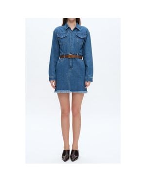 Bayeas Resa Long Sleeve Fray Hem Denim Mini Shirtdress - Blue