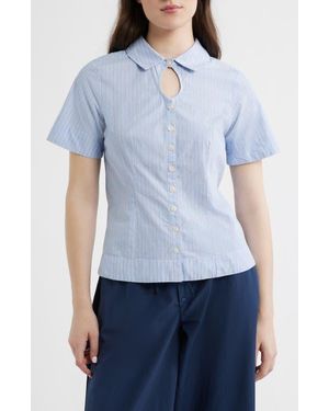 Damson Madder Ebba Pinstripe Keyhole Organic Cotton Button-Up Shirt - Blue