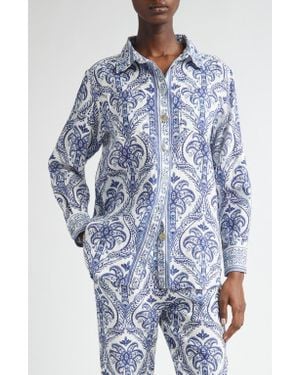 FARM Rio Tropical Print Linen Blend Button-Up Shirt - Blue