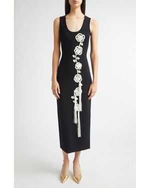 Lela Rose Floral Appliqué Knit Midi Cocktail Dress - Black