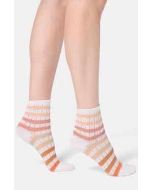 Oroblu Stripe Cotton Blend Pointelle Quarter Socks - Pink