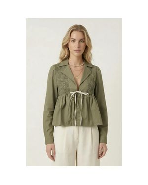 Modenaire Smocked Panel Tie Front Blouse - Green
