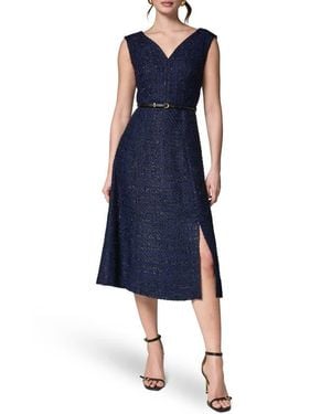 Donna Karan Belted Plaid Metallic Tweed Dress - Blue