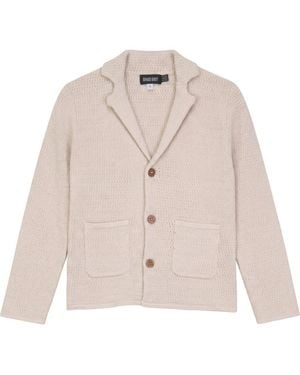 Space Grey Textured Knit Blazer With Wooden Buttons - Natural