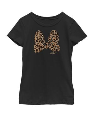 Mickey & Friends Girl's Minnie Mouse Cheetah Print Bow Signature Graphic T-Shirt - Black