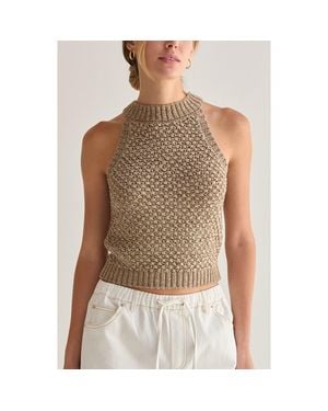 Crescent Basket Weave Halter Knit Top - Brown