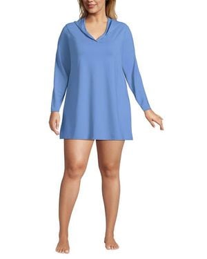 Lands' End Plus Size Sunshade Upf 50 Hooded Mini Swim Swim Cover-Up Dress - Blue