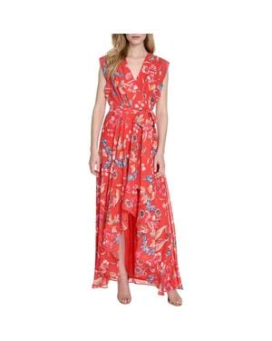 Eliza J Floral Surplice Neck Sleeveless High-Low Dress - Red