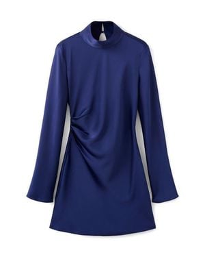 Mango Pleated Long Sleeve Satin Dress - Blue
