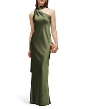 After Six Scarf Detail One-Shoulder Satin Charmeuse Column Gown - Green