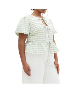 City Chic Jolie Check Tie Front Peplum Top - Green