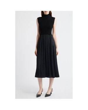Vince Camuto Mixed Media Rib Funnel Neck Midi Dress - Black