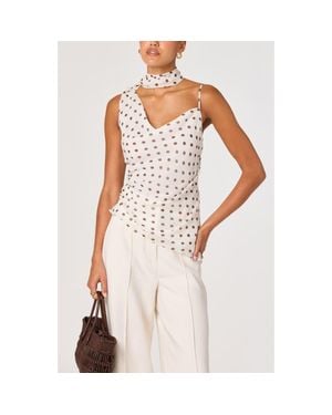 Astr Adrie Polka Dot Asymmetric Scarf Neck Top - White