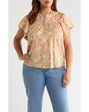 Wit & Wisdom Floral Flutter Sleeve Quarter Zip Top - Blue