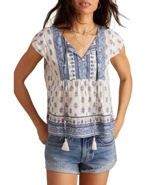 売れ筋商品|||ラッキーブランド カットソー トップス レディース Women's Cotton Pleated Split-Neck Peasant Top Blue Surf Lucky Brand Womens NWT Embroidered Split Neck Peasant Top