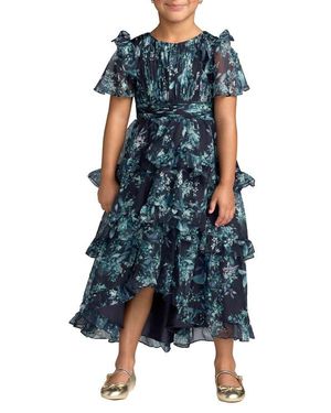Mac Duggal Girls High Neck Ruffle High Low Chiffon Gown - Blue