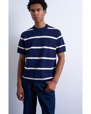 TOPMAN Textured Stripe Short Sleeve Crewneck Sweater - Blue