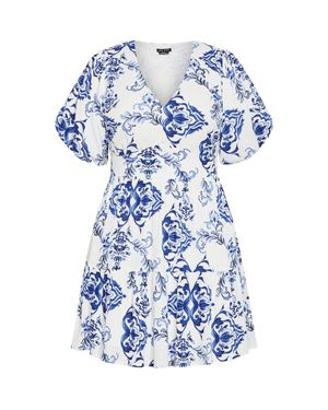 City Chic Winslow Print Puff Sleeve Dress - Blue
