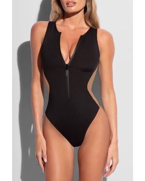 TA3 Mega Sculpting Adjustable Zip-Front Crew Neck One Piece Swimsuit - Black